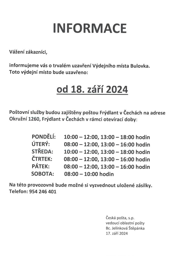 Česká pošta uzavřela výdejní místo v Bulovce